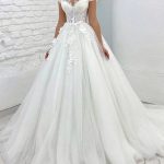 Ivory Tulle Illusion Scoop Floor Length Court Wedding Dress with Lace creating a Princess Look
