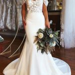 Stretch Crepe Off Shoulder Mermaid Wedding Dress with Sweep Train Lace