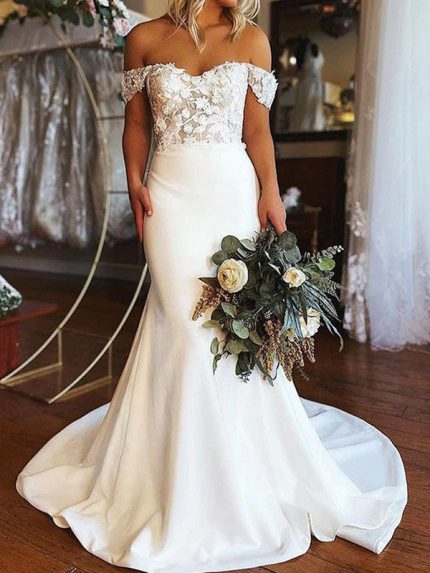 Stretch Crepe Off Shoulder Mermaid Wedding Dress with Sweep Train Lace