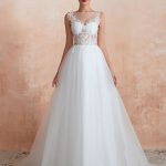 A-Line Sleeveless Lace Floor Length Tulle Bridal Gowns with Train Vintage Romance