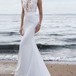Stunning Jewel Neck Sleeveless Mermaid Beach Wedding Bridal Gown with Sweep Train