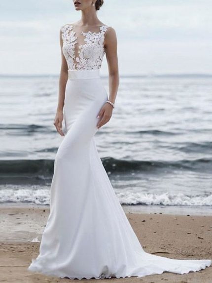 Stunning Jewel Neck Sleeveless Mermaid Beach Wedding Bridal Gown with Sweep Train