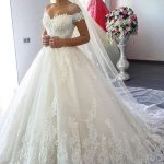 Romantic Off-The-Shoulder Ball Gown Short Sleeve Bridal Gown with Natural Waist and Train