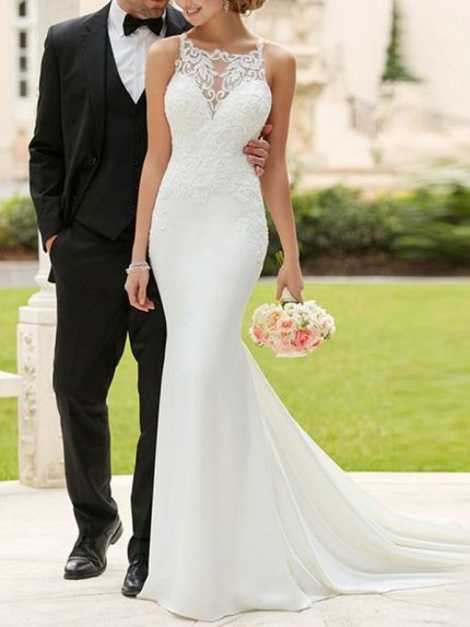 Simple Mermaid Bateau Neck Sleeveless Lace Appliqued Traditional Bridal Dress