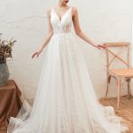 Elegant V-Neck A-Line Floor Length Lace Appliqued Tulle Bridal Gown