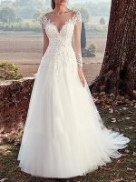 Gorgeous V-Neck A-Line Long Sleeve Floor Length Lace Applique Tulle Bridal Dress with Train