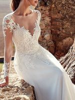 Gorgeous V-Neck A-Line Long Sleeve Floor Length Lace Applique Tulle Bridal Dress with Train - Image 3