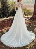 Gorgeous V-Neck A-Line Long Sleeve Floor Length Lace Applique Tulle Bridal Dress with Train - Image 2