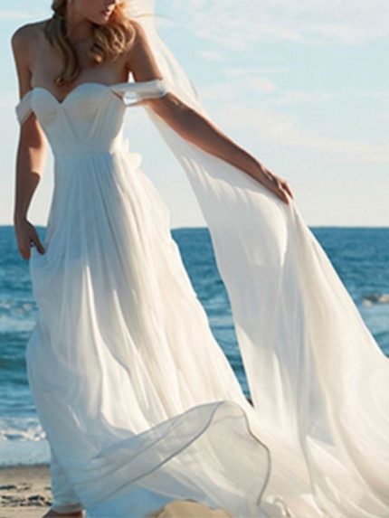Elegant A-Line Off-The-Shoulder Sweetheart Neck Sleeveless Floor Length Bridal Gown with Train