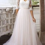 Charming A-Line V-Neck Half Sleeves Lace Tulle Bridal Dress with Train