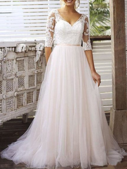 Charming A-Line V-Neck Half Sleeves Lace Tulle Bridal Dress with Train