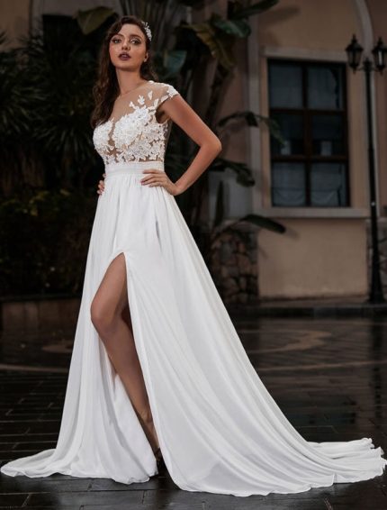 Beach Wedding A-Line Silhouette Jewel Neck Lace Bodice Chiffon Bridal Gown