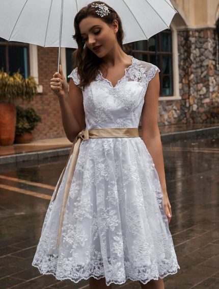Ecru White Knee Length A-Line Sleeveless Lace V-Neck Midi Bridal Gown