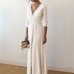 Elegant Floor-Length A-Line 3/4 Length Sleeves V-Neck Lace Bridal Gown