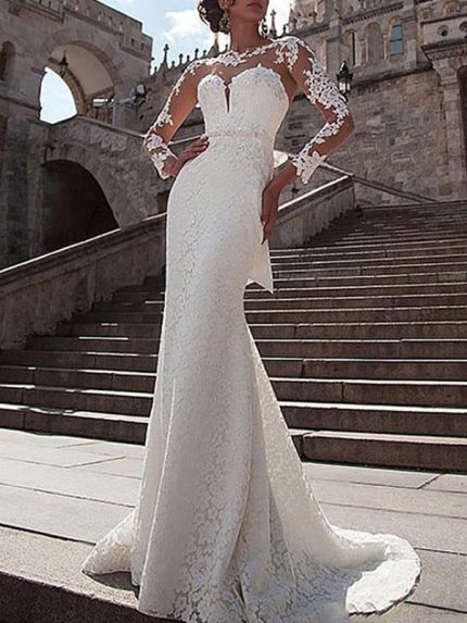 Romantic Lace Illusion Neck Long Sleeves Mermaid Bridal Gown with Court Train