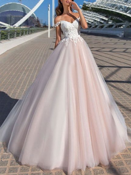Timeless Princess Silhouette Court Train Off-The-Shoulder Sleeveless Lace Tulle Bridal Gown