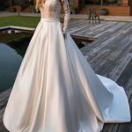 Stunning Princess Silhouette Jewel Neck Long Sleeves Natural Waist Lace Satin Fabric Bridal Dress