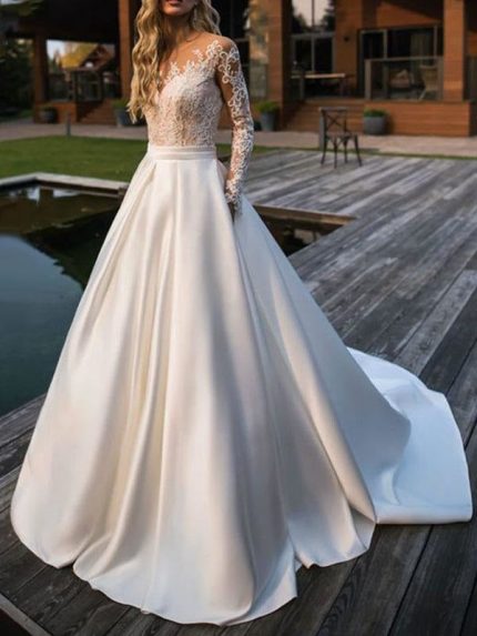 Stunning Princess Silhouette Jewel Neck Long Sleeves Natural Waist Lace Satin Fabric Bridal Dress