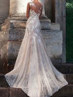 Graceful Sheath V-Neck Sleeveless Floor Length Lace Tulle Backless Bridal Dress with Train - Image 2