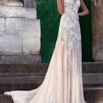 Graceful Sheath V-Neck Sleeveless Floor Length Lace Tulle Backless Bridal Dress with Train