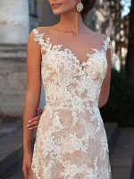 Graceful Sheath V-Neck Sleeveless Floor Length Lace Tulle Backless Bridal Dress with Train - Image 3