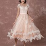 Stunning Short Vintage Backless Illusion Lace Applique Tea-Length A-Line Reception Bridal Gown