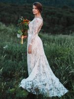 Classic A-Line Long Sleeves V-Neck Ivory Lace Bridal Gown with Train - Image 2