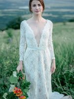 Classic A-Line Long Sleeves V-Neck Ivory Lace Bridal Gown with Train - Image 3