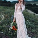 Classic A-Line Long Sleeves V-Neck Ivory Lace Bridal Gown with Train
