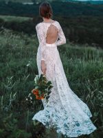 Classic A-Line Long Sleeves V-Neck Ivory Lace Bridal Gown with Train - Image 5