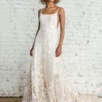 Elegant A-Line Sleeveless Square Neck Lace Bridal Gown with Train