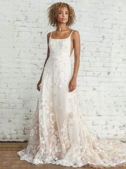 Elegant A-Line Sleeveless Square Neck Lace Bridal Gown with Train