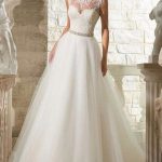 Ecru White A-Line Beaded Jewel Neck Sleeveless Floor Length Tulle Traditional Bridal Gown with Train