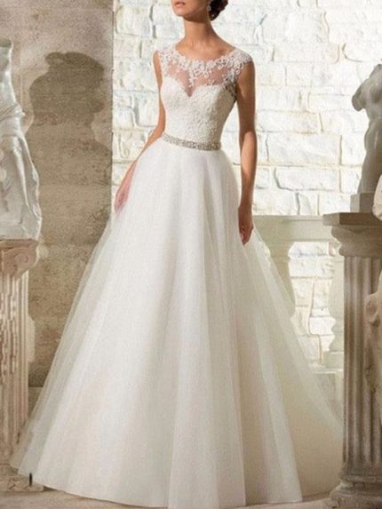 Ecru White A-Line Beaded Jewel Neck Sleeveless Floor Length Tulle Traditional Bridal Gown with Train
