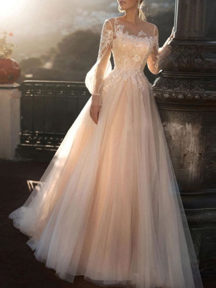 Delicate A-Line Illusion Neck Long Sleeve Floor Length Tulle Pleated Bridal Gown with Train