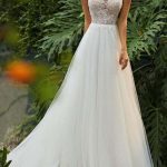 Ivory A-Line Illusion Neck Sleeveless Floor Length Lace Beaded Tulle Boho Bridal Gown