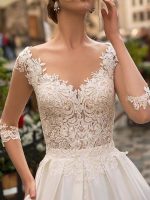 Enchanting A-Line V-Neck Half Sleeve Floor Length Lace Appliqued Satin Vintage Bridal Gown with Train - Image 3