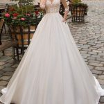 Enchanting A-Line V-Neck Half Sleeve Floor Length Lace Appliqued Satin Vintage Bridal Gown with Train