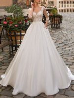 Enchanting A-Line V-Neck Half Sleeve Floor Length Lace Appliqued Satin Vintage Bridal Gown with Train