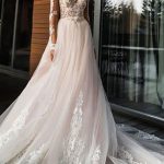 Stunning A-Line V-Neck Long Sleeve Lace Applique Tulle Bridal Gown with Chapel Train