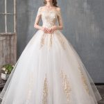 Chic Ball Gown Off-Shoulder Golden Lace Appliqued Floor Length Bridal Dress