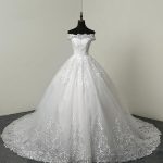 Ivory Ball Gown Off-The-Shoulder Short Sleeve Natural Waist Lace Applique Tulle Bridal Dress