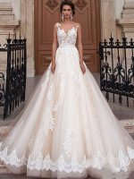Romantic Jewel Illusion Neck Sleeveless A-Line Lace Flora Applique Bridal Gown with Train