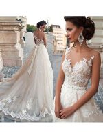 Romantic Jewel Illusion Neck Sleeveless A-Line Lace Flora Applique Bridal Gown with Train - Image 2