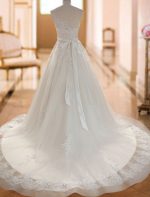Romantic Jewel Illusion Neck Sleeveless A-Line Lace Flora Applique Bridal Gown with Train - Image 6