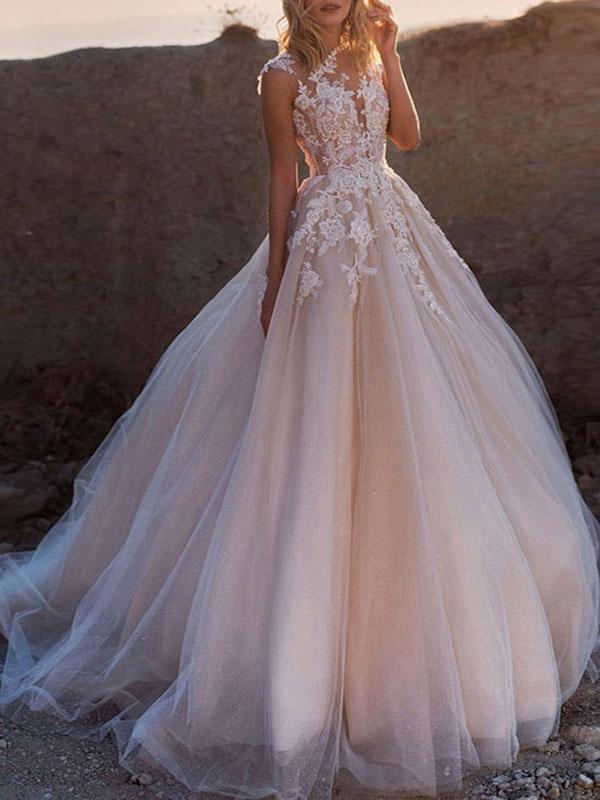 wedding-dresses-2021-princess-silhouette-jewel-neck-sleeveless-natural-waist-lace-soft-tulle-bridal-gowns-876.jpg Timeless Princess Silhouette Jewel Neck Sleeveless Natural Waist Lace Soft Tulle Bridal Gown - Image 1
