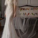 Classic Sheath Silhouette Half Sleeve V-Neck Floor Length Bamboo Leaf Lace Bridal Gown