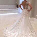 Elegant V-Neck Short Sleeve Sheath Deep V-Backless Lace Beaded Bridal Gown with Train