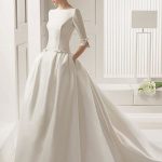 Beautiful A-Line Chapel Bateau Neck 3/4 Length Sleeves Satin Bridal Dress