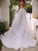 Enchanting A-Line V Neck Lace Applique Sleeveless Bridal Gown with Train - Image 2